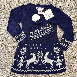 Girls Sweater Dress with matching hat navy blue white reindeer snowflakes 2T NWT